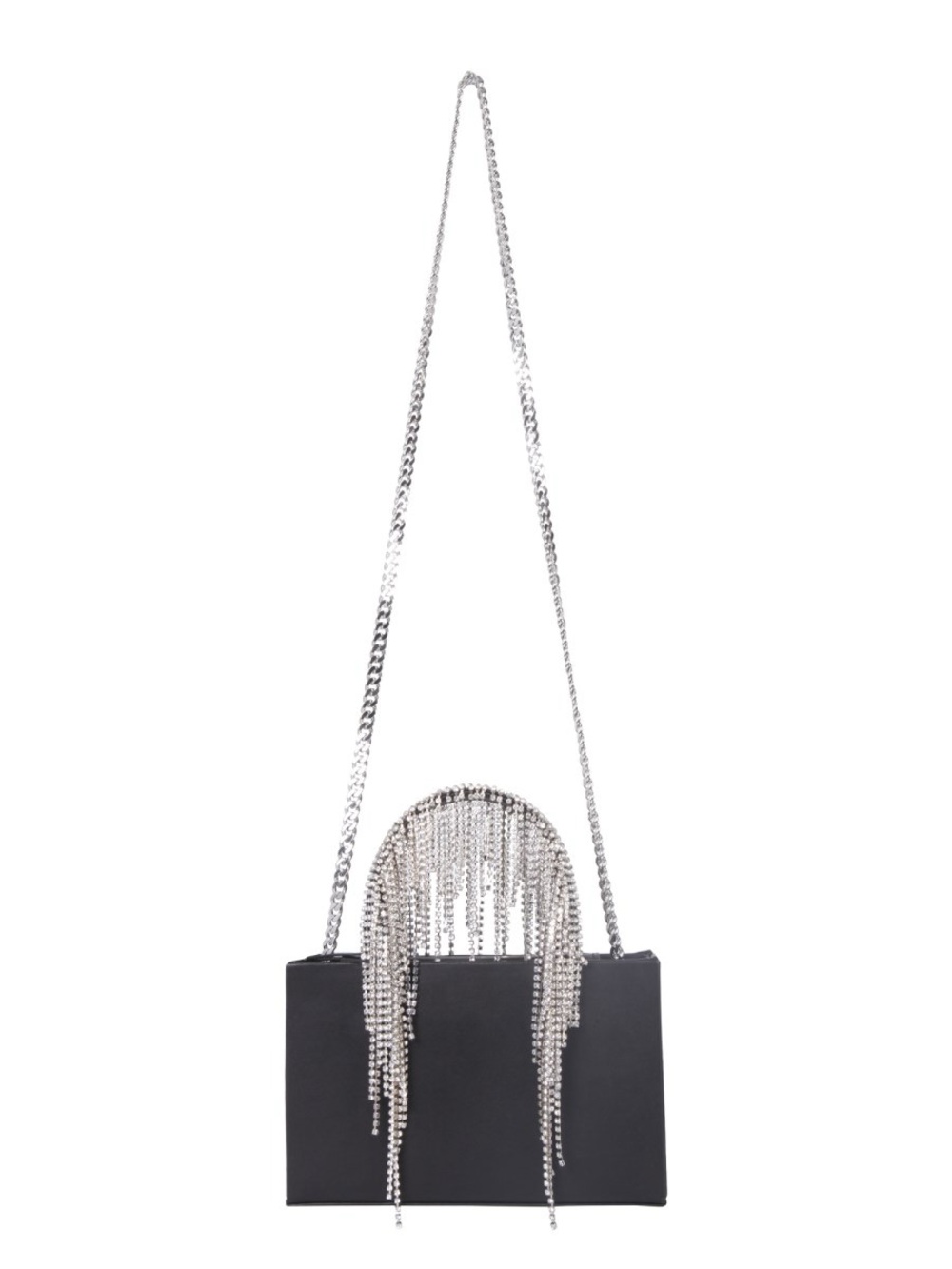 Kara Black Box Shoulder Bag with Silver Crystal Fringe